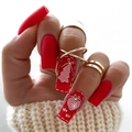 Christmas press on nails in matte red featuring hand-painted festive trees and snowflakes - Red Matte Ho Christmas Tree Long Square Style (XG-101-16)