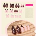 Unghie finte French con pois marroni e motivi floreali inclusi strumenti per il DIY - Stile Mandorla Francese Con Fiori e Pois Marrone Rosa (1XB1-13455)
