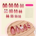 Set de uñas postizas de Navidad con puntas francesas rojas, lazos blancos y copos de nieve - Estilo de Rayas de Copos de Neve y Lazo Francés en Rojo Rosa y Blanco de Navidad (1XB1-13468)