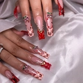 Unghie finte leopardate con strass rosso scuro e ciondoli a ciliegia in metallo 3D - Stile Leopardo Ciliegia Strass Rosso Scuro (2XA2-13896)
