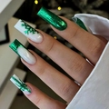 Christmas press on nails with emerald green glitter and white snowflake patterns - Emerald Pearl White Snowflake Glitter Long Square Style (XG-101-36)