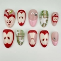 Almond red pink apple pattern press-on nails with plaid design and rhinestones - Red Apple and Star Theme Almond Shape (1XB1-00028) / 10 Pieces