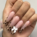 Long square leopard print press-on nails with 3D white bows and nude French tip design - Long Square White Bow French Leopard Style (XL-102-55)