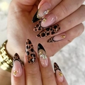 Lange Mandel-Press-on-Nägel mit braunem Leopardenmuster, schwarzen Spitzen und Goldkette - Lange Stiletto Mandel Goldkette Strass Leopard Stil (1XB1-13573)