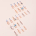 Long stiletto press-on nails with silver French tips, 3D bows, and crystal rhinestones - French Tip Blue Bowknot Rhinestone Style (XE-94-46)