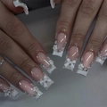 French tip press-on nails with 3D bows, white flowers, pearls and glitter rhinestones - Long Coffin / White 3D Bowknot Flower (2XA1-13227)