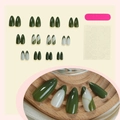 Set unghie finte a mandorla French verde scuro e crema con motivi a onde dorate - Stile Marmo Crema Verde Oliva (XB-115-09)