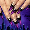 Unghie finte stiletto Halloween viola glitterate con silhouette di pipistrelli - Stile Pipistrello con Glitter Viola (XM-98-19)