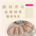 24pcs press-on nails with 3D white flowers and gold foil accents in nude pink finish - Nude Pink 3D White Flower Gold Rim Style (1XB1-13206)