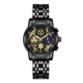 All-black skeletal dial watch for men with gold gears and metallic link strap - Black Case Black Dial