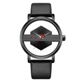 Detail view of TOMI watch showing the matte black hexagonal skeleton dial and red accents - Black Strap Black Case (QT290-5)