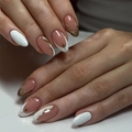 French tip press-on nails in almond shape with brown accents and golden star designs - French Marble Gold Line Starry Style (1XB1-13138)