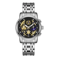 Silver stainless steel watch for men with black skeleton dial and golden gears - Silver Case Black Dial