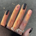 Press on nails with black glitter and snowflake design with two zircon rings - Black Fine Shimmer Snowflake French Long Square Style (XG-101-64)