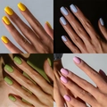 Glossy square press-on nails in yellow, blue, olive green, and light pink colors - 4-Color Macaron Set (ZHZ-BB-52)