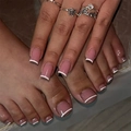 Classic pink French press-on nails for hands and feet with white tips and silver rings - Pink White French Simple Medium Style (3XZ1-2504-008)