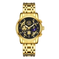 Golden chronograph watch for men with black hollow-out dial and moon phase feature - Gold Case Black Dial