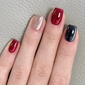Short square cat eye press-on nails set with red and black glitter finish on leather surface - 3-Color Cat Eye Style Set (ZHZ-BB-51)