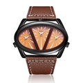 Detail view of Oulm multi-timezone quartz watch with orange dials and brown leather strap - Brown Strap Yellow Dial
