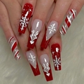 Christmas press on nails in long coffin shape with red snowflakes and reindeer antler art - Red White Glitter Reindeer Long Coffin Style (XL-21-09)