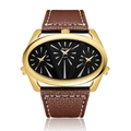 Detailed close-up of Oulm quartz watch featuring a gold case and three black sub-dials - Brown Strap Gold Dial