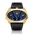 Detailed macro view of Oulm multi-timezone watch with gold case and blue dial zones - Black Strap Blue Dial