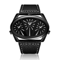 Detail of Oulm black leather watch with triple dials and white stitching - Black Strap Black Dial