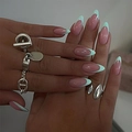 Unghie finte a mandorla rosa nudo con punte French verde menta e set di anelli argento - Stile Francese Rosa Nude Verde Menta (2XB1-2504-091)