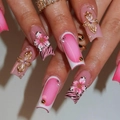 Luxurious long square press-on nails with 3D butterflies, pearls, and pink gradient - Pink Zebra 3D Flower Style (XA-100-17)