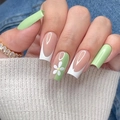 Floral press-on nails in mint green and nude with white daisy motifs and long square tips - Mint Green French Daisy Style (XH-92-73)