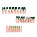 Unghie finte a bara scintillanti con punte French verde scuro e farfalle in metallo - 24 Pezzi/Set / Farfalla Verde Scuro Strass Lungo Coffin (5XA1-2504-014)
