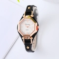 Fashion women's quartz watch with octagonal rose gold case and studded black leather strap - Lavender(7)