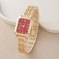 Montre à quartz carrée dorée avec cadran rouge et bracelet en acier pour femmes - Cadran Rouge (1)