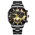 Detailed macro of men's business watch with luminous hands and steel bracelet band - Black Gold Red Brushed Style (34)