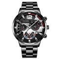 Men's steel business watch with luminous hands, calendar, and multi-dial chronograph - Dark Gray Steel Black Dial Red Accent Style (33)