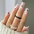 Unghie finte lunghe quadrate rosa opaco con pois neri e motivi a cuore chic - Stile Rosa a Pois Con Cuore (XA-103-92)