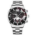 Close-up of men's multifunction watch with carbon fiber dial and silver steel band - Silver Steel Black Dial Carbon Pattern Style (30)