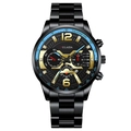 Close-up of black stainless steel chronograph watch with tachymeter and date display - All Black Stainless Black Gold Blue Red Style (29)