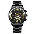 Detail view of FULAIDA black metal men's chronograph watch with gold accents and sub-dials - All Black Metal Gold Accent Bold Style (27)