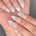 French press-on nails with 3D resin bows and elegant pearl accents on almond shape - XB-107-34 (French Almond White Bow Artificial Pearl)