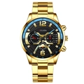 Detail of men's gold stainless steel watch with black dial and blue tachymeter bezel - Gold Steel Black Gold Blue Ring Tachymeter Style (26)