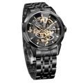 Detail of mechanical skeleton watch face with golden gears and diamond cut glass - Black Case Gold Movement Skeleton Automatic Mechanical / Black Case Black Dial Gold Movement