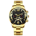 Macro detail of men's chronograph watch with black dial and gold tachymeter bezel - Gold Metal Black Gold Bold Style (23)