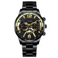 Close-up of chronograph sub-dials and gold markers on a black stainless steel men's watch - All Black Steel Black Gold Contrast Style (21)