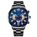 Men's chronograph watch with black stainless steel band and deep blue textured dial - Black Navy Rose Gold Sub-dial Style (18)