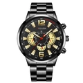 Detail of men's chronograph watch with black steel strap and gold indexes - All Black Steel Gold 3D Index Style (17)