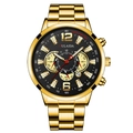 Detail view of gold men's chronograph watch featuring a black dial and date function - All Gold Black Dial Big Number Style (15)