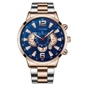 Détail d'un chronographe à cadran bleu avec index or rose et guichet de date - Style de Mode(13)