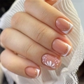 French style press-on nails with nude pink base, white flowers and gold glitter accents - Minimalist French Hand-painted Flower Style (XG-111-25)