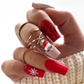 Unghie finte rosse glitterate con motivi a fiocco di neve e decorazioni natalizie 3D - Stile Quadrato Lunga Texture 3D Renna Bianco Nude Rosso (XL-102-60)